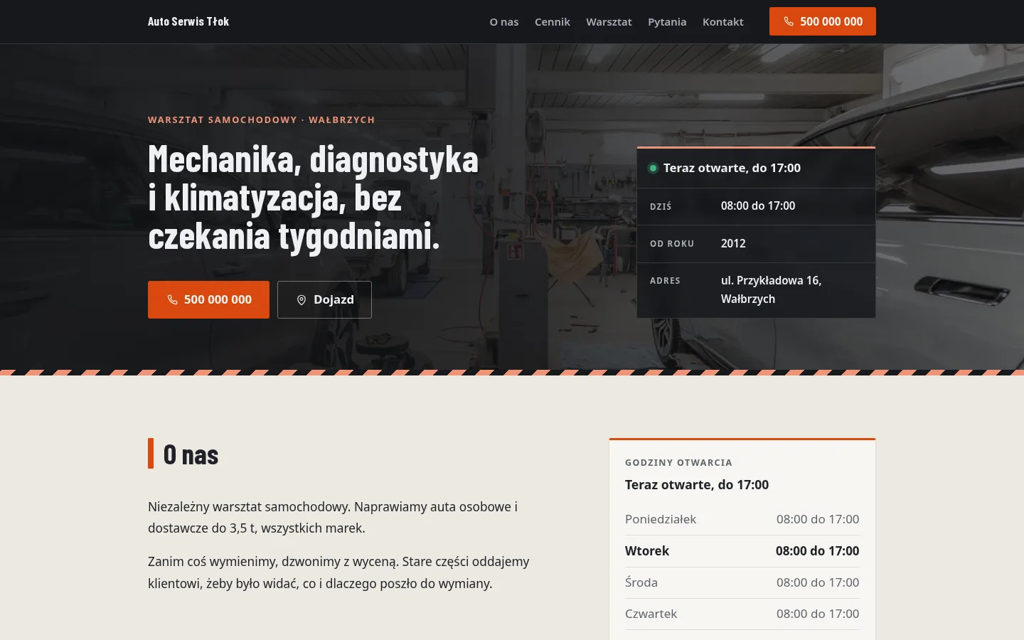 Przykładowa strona, branża: warsztat samochodowy. Widok na komputerze.