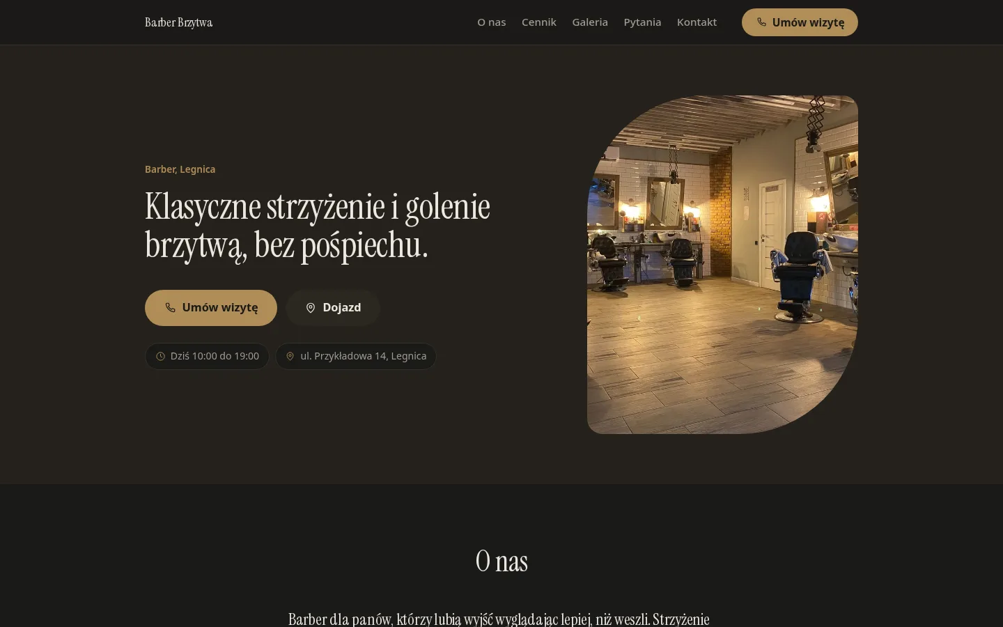 Przykładowa strona, branża: barber. Widok na komputerze.