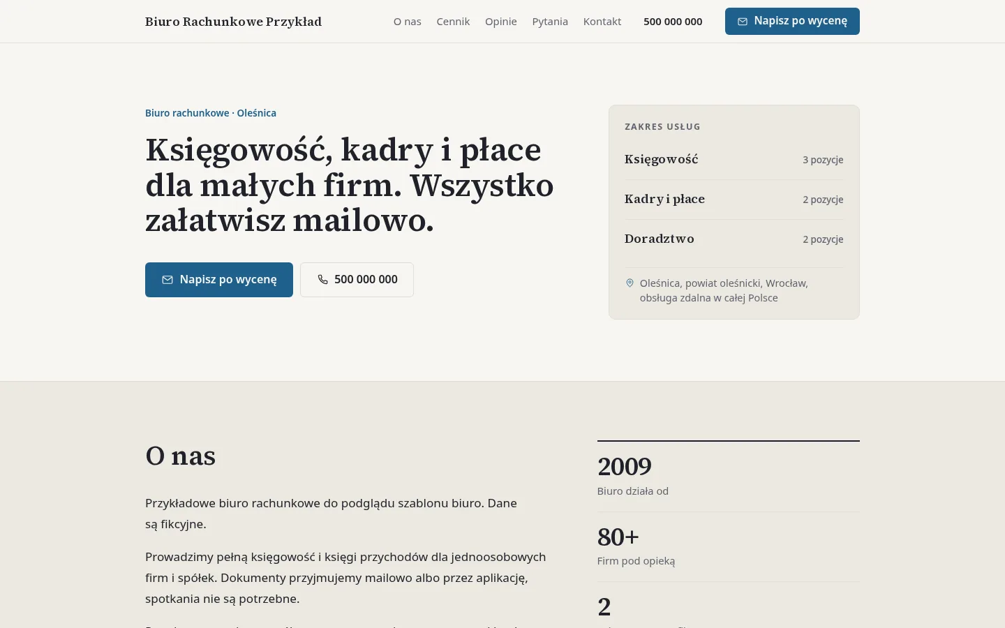 Przykładowa strona, branża: biuro rachunkowe. Widok na komputerze.