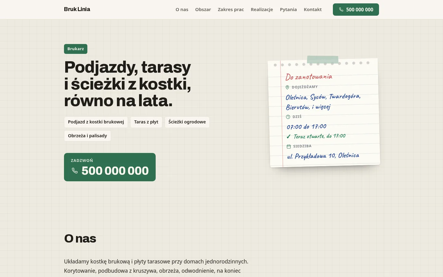 Przykładowa strona, branża: brukarz. Widok na komputerze.